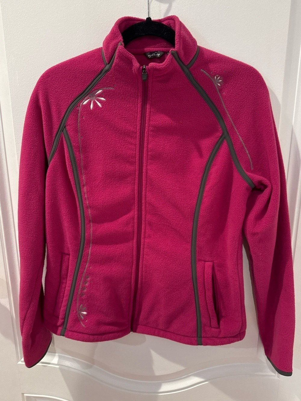 Eddie Bauer Women’s Large Pink Full Zip Fleece Jacket Embroidered Cozy Outdoor